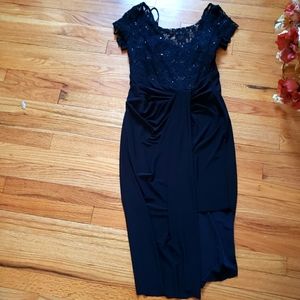 Lauren Ralph Lauren Evening Black Lace Sequin Overlay Strap Dress S  4 Faux Wrap